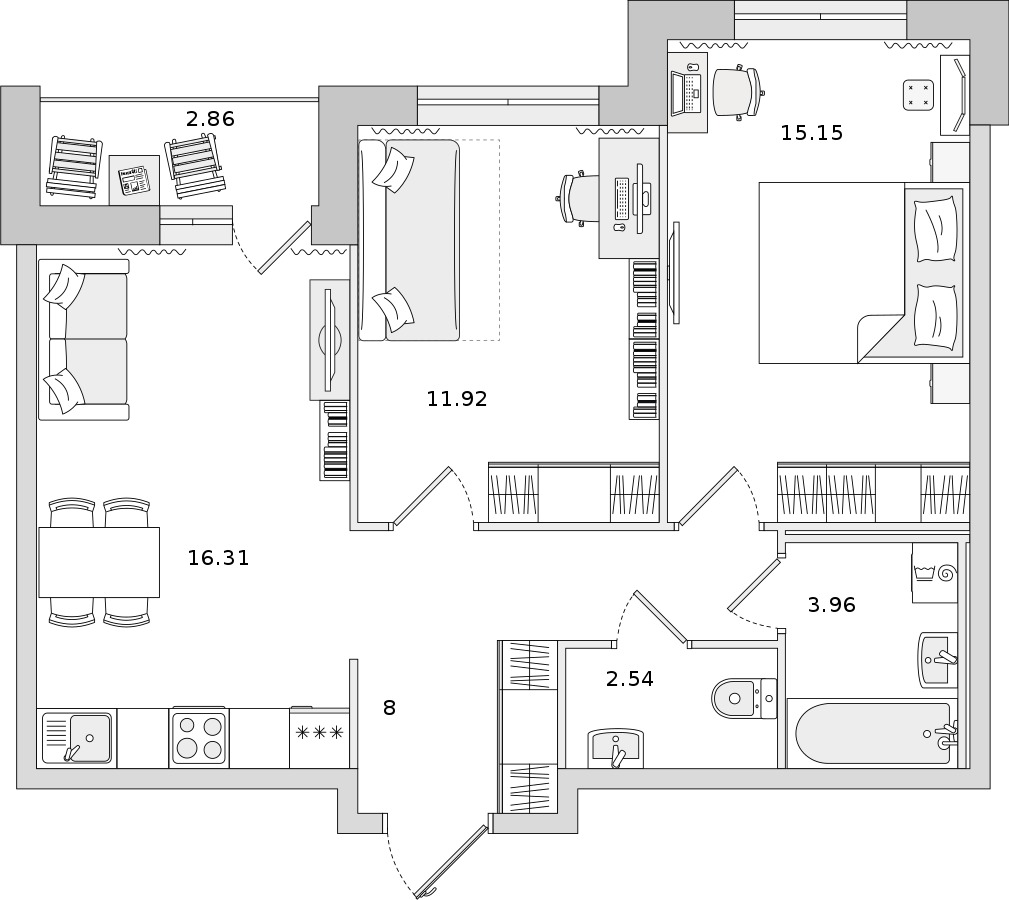 2-комнатная квартира 57.88 м², 14/19 эт., ЖК «Город Первых»